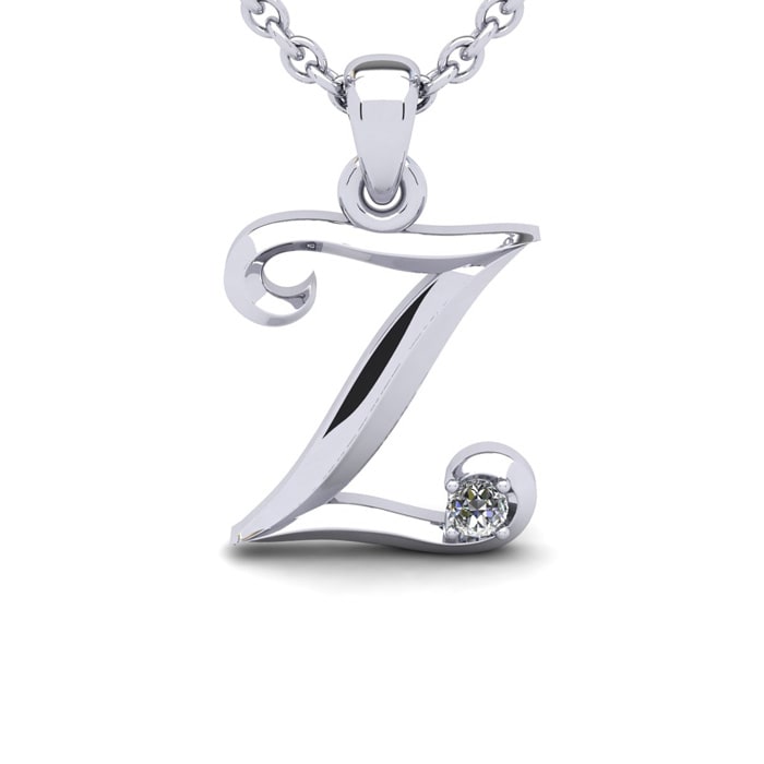 Letter Z Diamond Initial Necklace In Sterling Silver With Free Chain