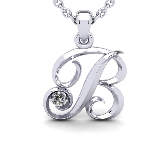 Letter B Diamond Initial Necklace In 14 Karat White Gold With Free Chain