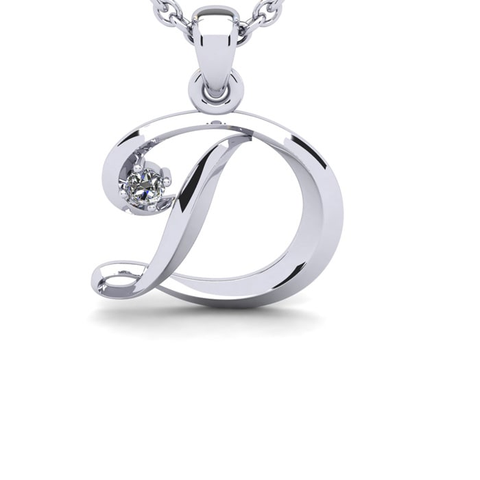 Letter D Diamond Initial Necklace In 14 Karat White Gold With Free Chain