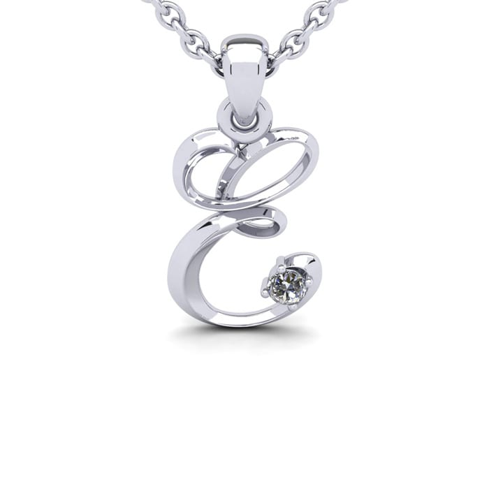 Letter E Diamond Initial Necklace In 14 Karat White Gold With Free Chain