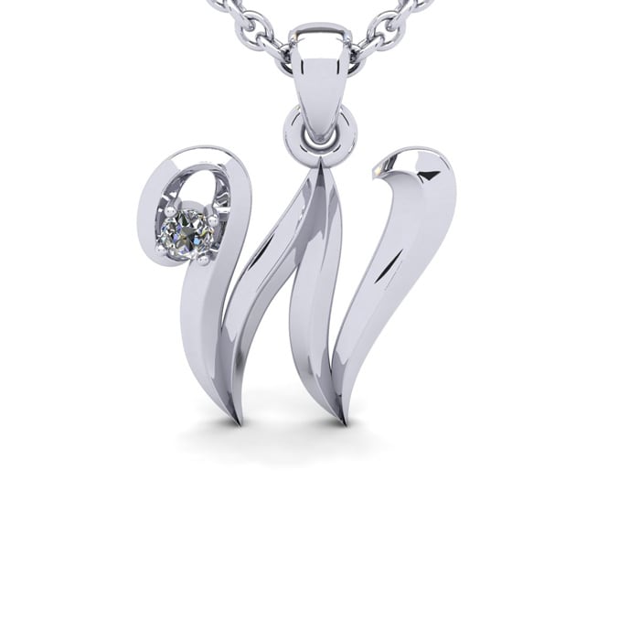 Letter W Diamond Initial Necklace In 14 Karat White Gold With Free Chain