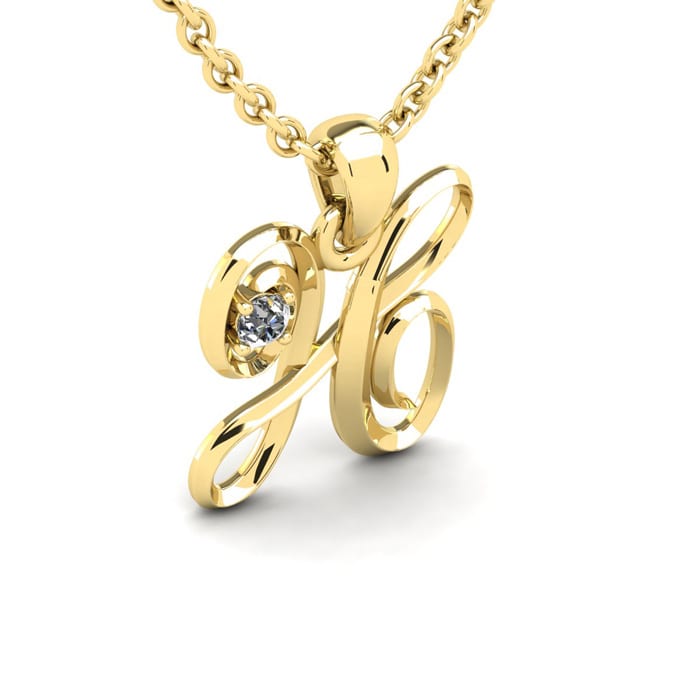 Letter H Diamond Initial Necklace In 14 Karat Yellow Gold With Free Chain