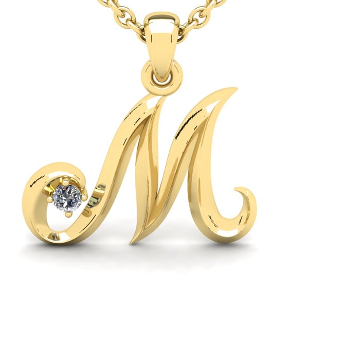 Letter M Diamond Initial Necklace In 14 Karat Yellow Gold With Free Chain