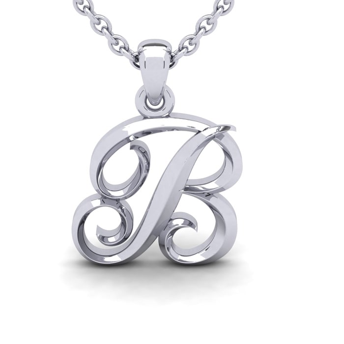 Letter B Swirly Initial Necklace In Sterling Silver With Free 18 Inch Cable Chain