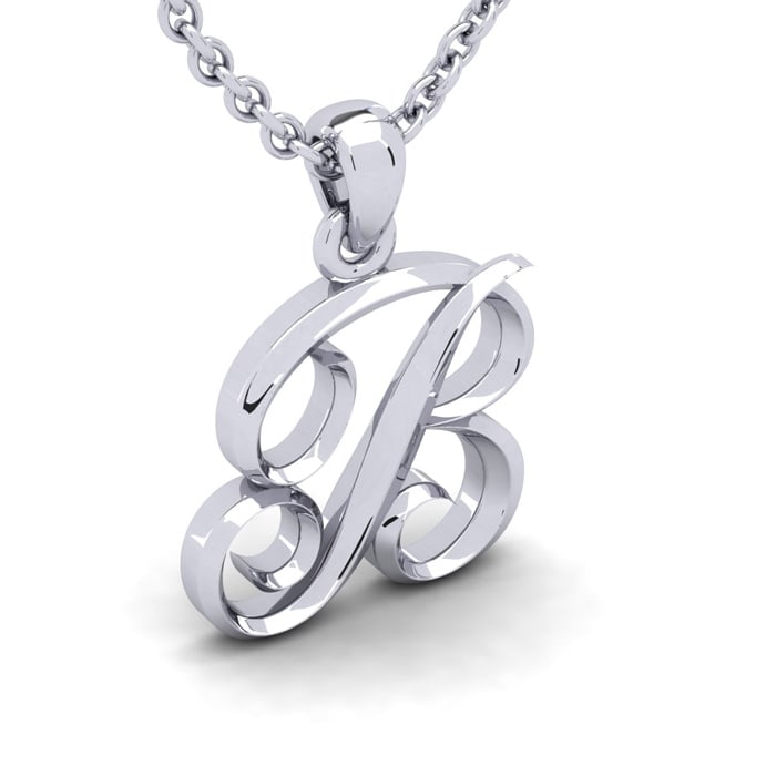Letter B Swirly Initial Necklace In Sterling Silver With Free 18 Inch Cable Chain