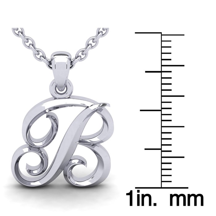 Letter B Swirly Initial Necklace In Sterling Silver With Free 18 Inch Cable Chain