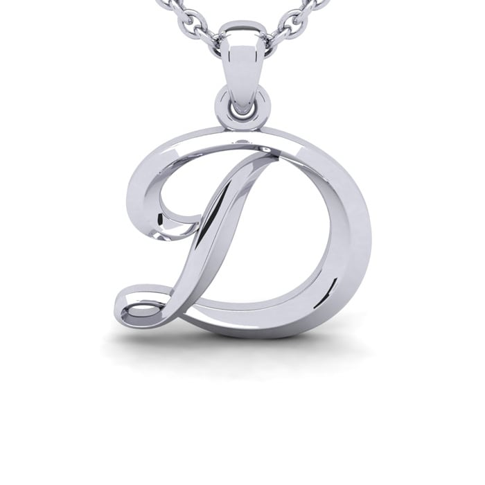 Letter D Swirly Initial Necklace In Sterling Silver With Free 18 Inch Cable Chain