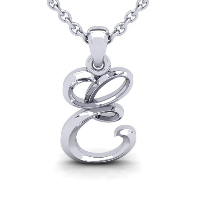 Letter E Swirly Initial Necklace In Sterling Silver With Free 18 Inch Cable Chain