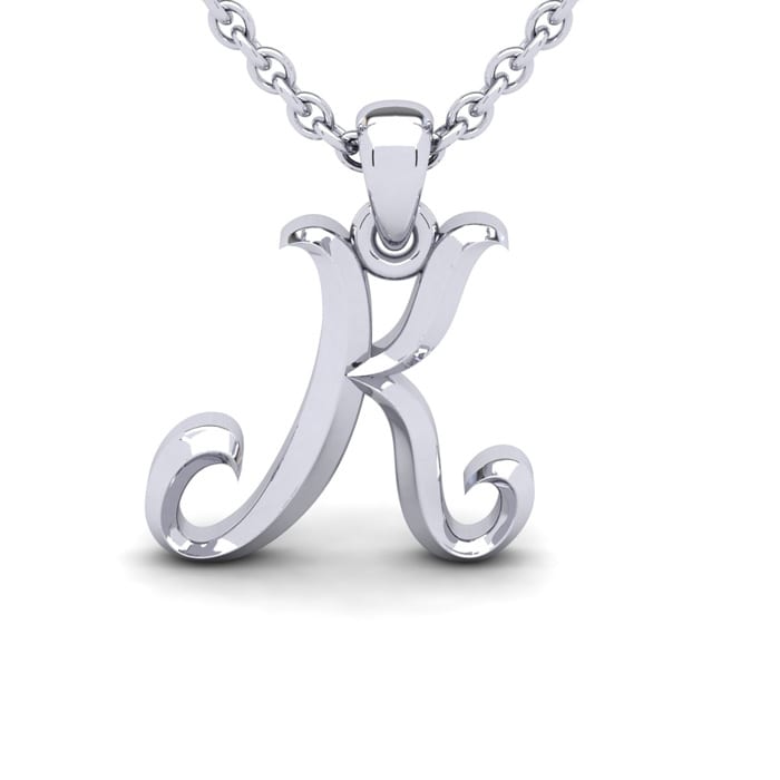 Letter K Swirly Initial Necklace In Sterling Silver With Free 18 Inch Cable Chain