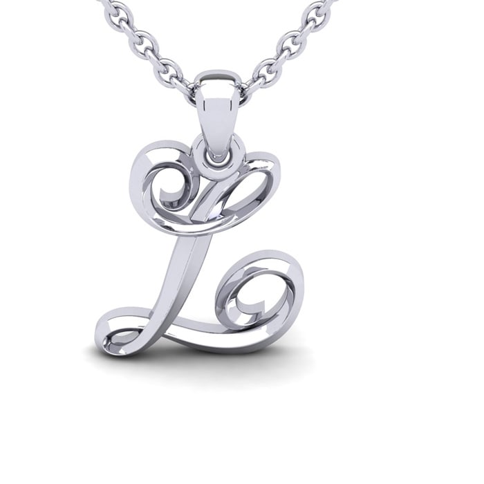 Letter L Swirly Initial Necklace In Sterling Silver With Free 18 Inch Cable Chain