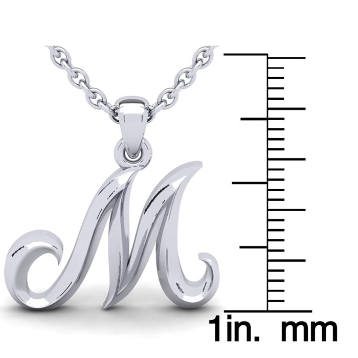 Letter M Swirly Initial Necklace In Sterling Silver With Free 18 Inch Cable Chain
