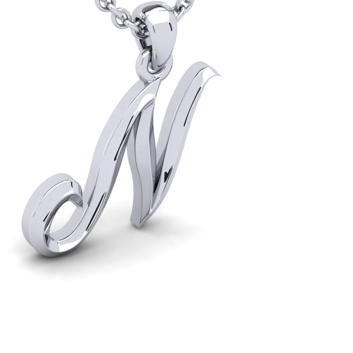 Letter N Swirly Initial Necklace In Sterling Silver With Free 18 Inch Cable Chain