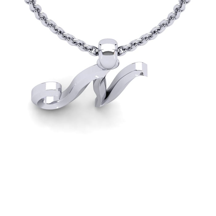 Letter N Swirly Initial Necklace In Sterling Silver With Free 18 Inch Cable Chain