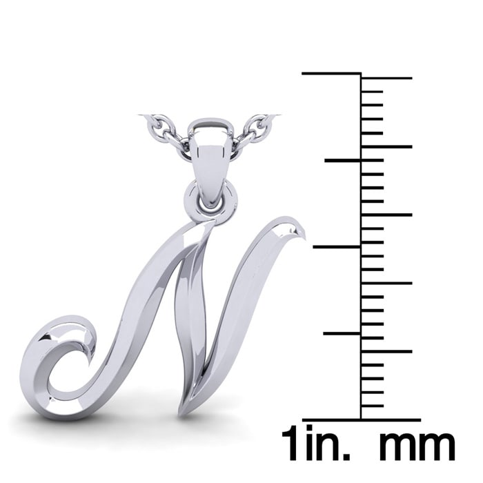 Letter N Swirly Initial Necklace In Sterling Silver With Free 18 Inch Cable Chain