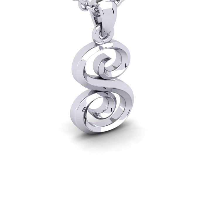 Letter S Swirly Initial Necklace In Sterling Silver With Free 18 Inch Cable Chain