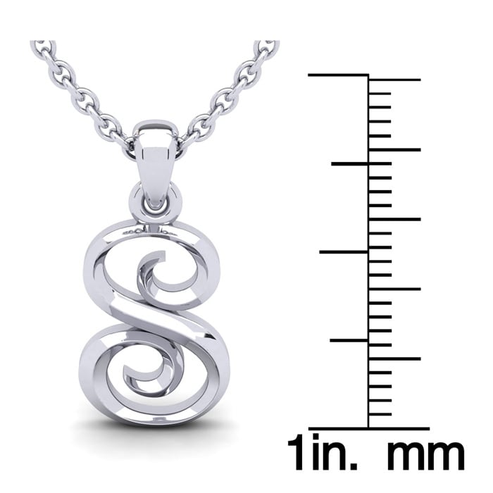 Letter S Swirly Initial Necklace In Sterling Silver With Free 18 Inch Cable Chain