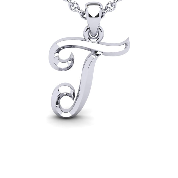 Letter T Swirly Initial Necklace In Sterling Silver With Free 18 Inch Cable Chain