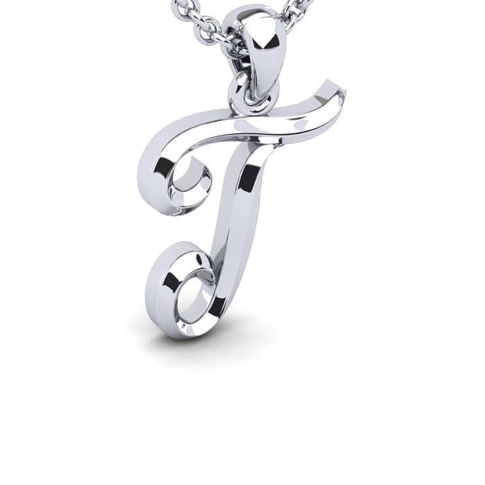Letter T Swirly Initial Necklace In Sterling Silver With Free 18 Inch Cable Chain