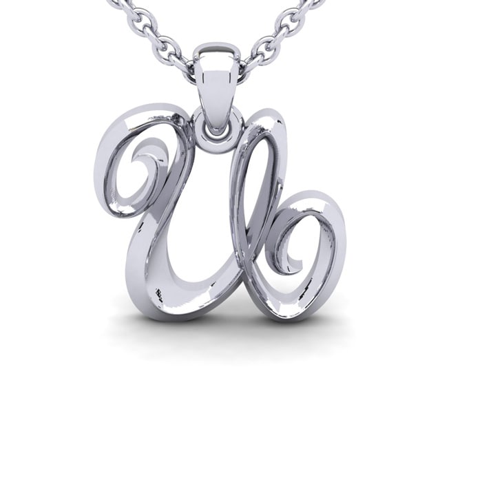 Letter U Swirly Initial Necklace In Sterling Silver With Free 18 Inch Cable Chain