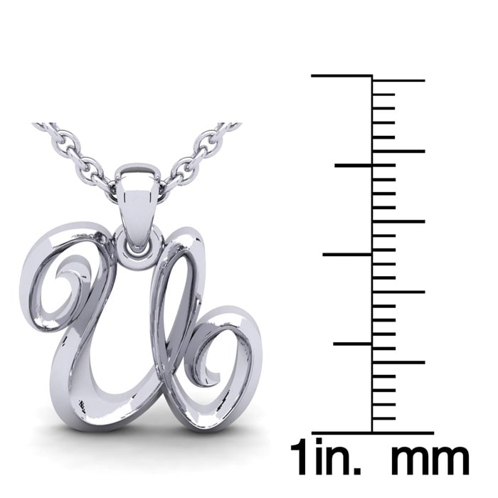 Letter U Swirly Initial Necklace In Sterling Silver With Free 18 Inch Cable Chain