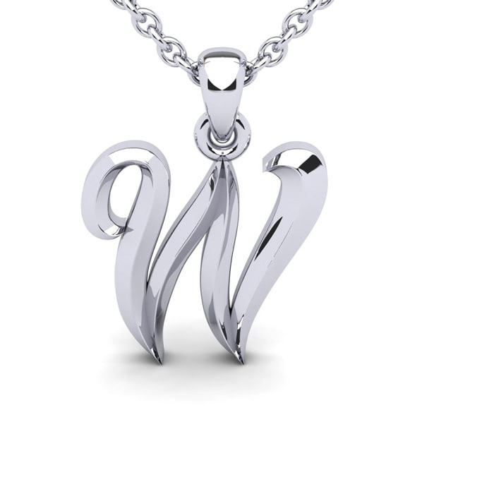 Letter W Swirly Initial Necklace In Sterling Silver With Free 18 Inch Cable Chain