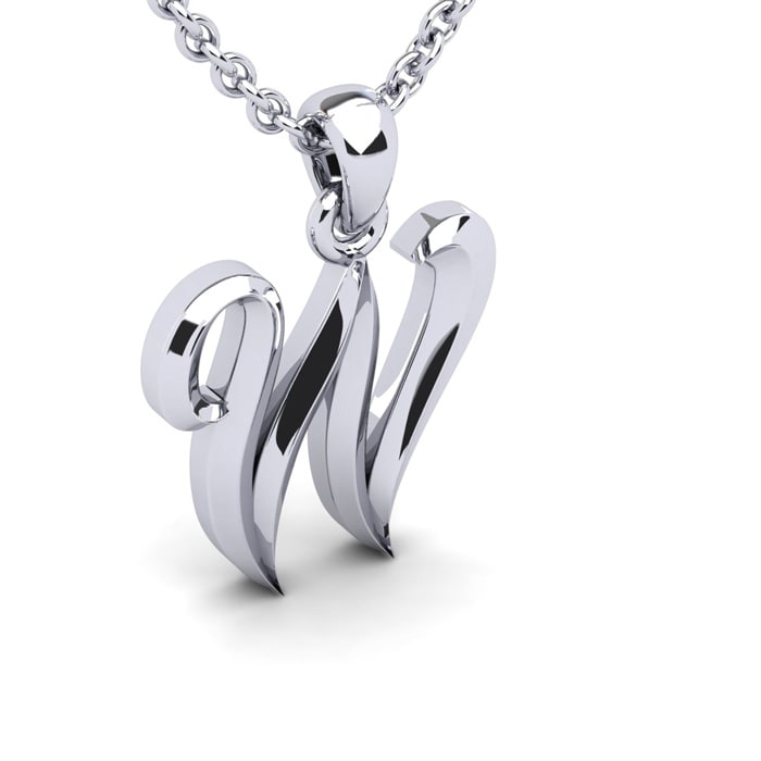 Letter W Swirly Initial Necklace In Sterling Silver With Free 18 Inch Cable Chain
