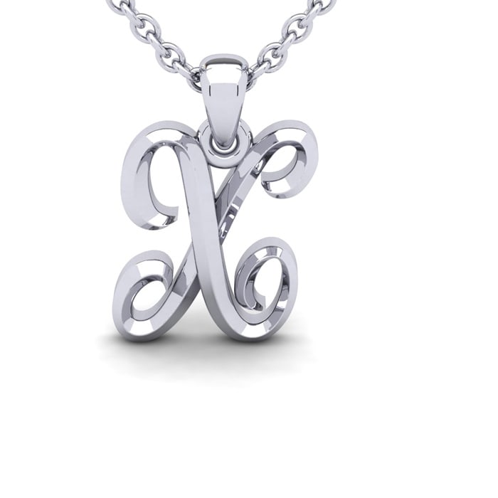 Letter X Swirly Initial Necklace In Sterling Silver With Free 18 Inch Cable Chain