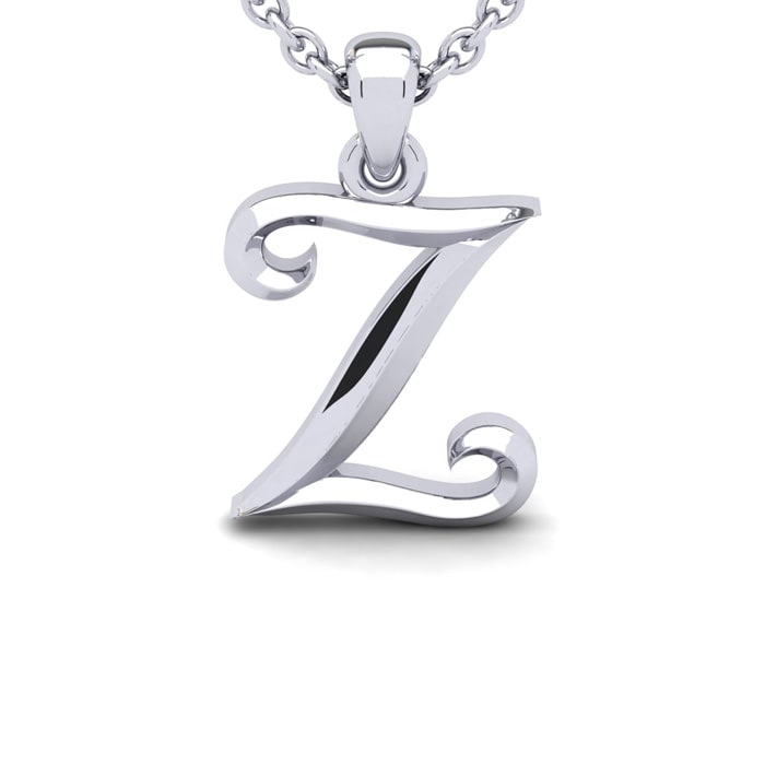 Letter Z Swirly Initial Necklace In Sterling Silver With Free 18 Inch Cable Chain