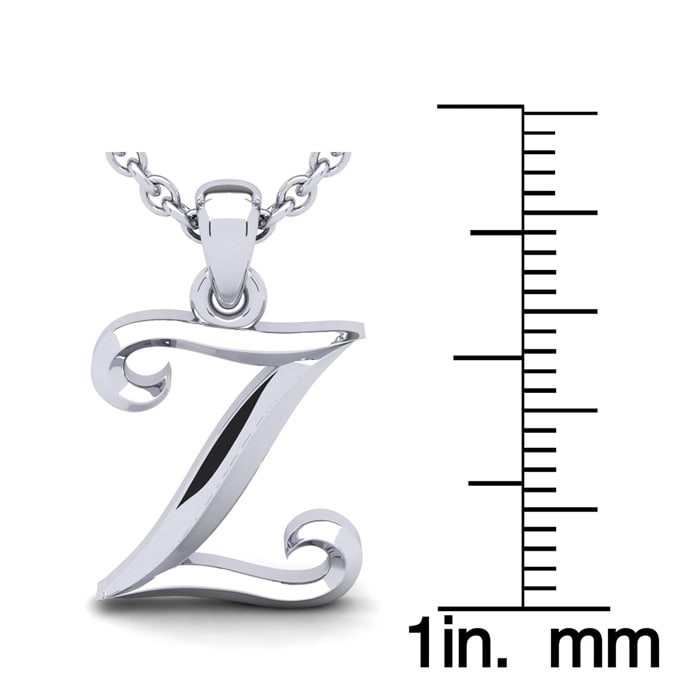 Letter Z Swirly Initial Necklace In Sterling Silver With Free 18 Inch Cable Chain