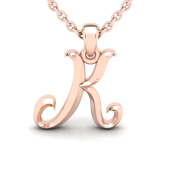 Letter K Swirly Initial Necklace In Heavy Rose Gold With Free 18 Inch Cable Chain