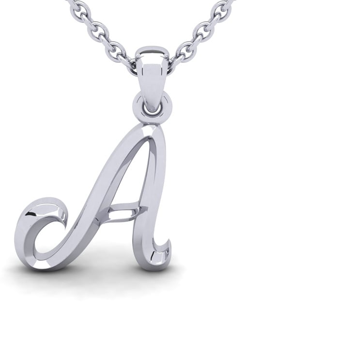 Letter A Swirly Initial Necklace In Heavy 14K White Gold With Free 18 Inch Cable Chain