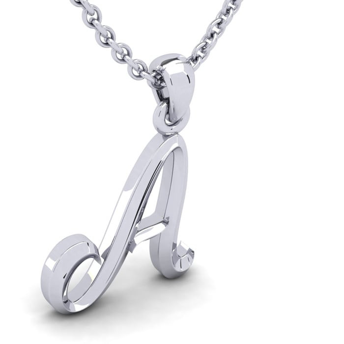 Letter A Swirly Initial Necklace In Heavy 14K White Gold With Free 18 Inch Cable Chain
