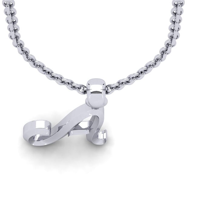 Letter A Swirly Initial Necklace In Heavy 14K White Gold With Free 18 Inch Cable Chain
