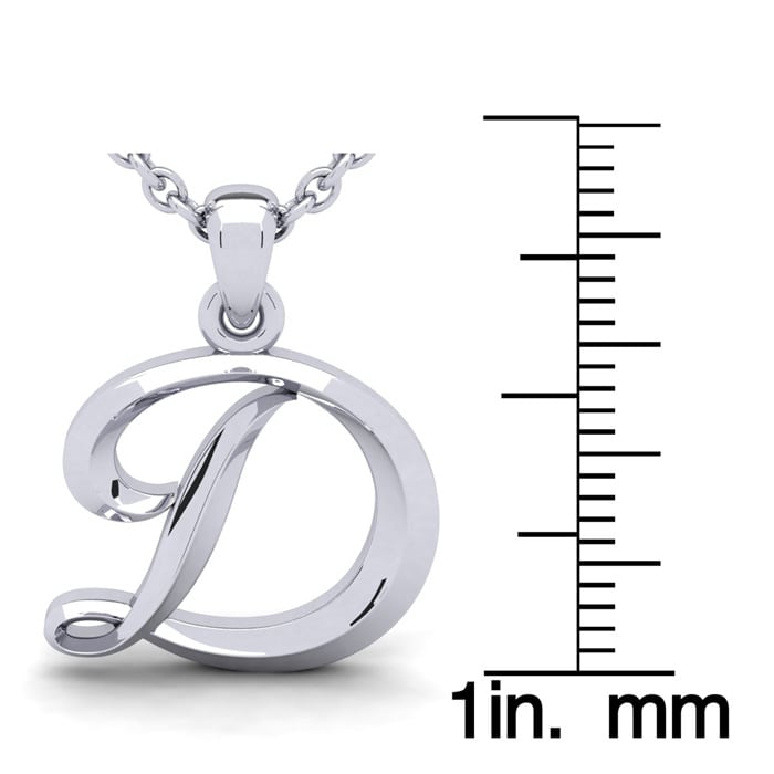 Letter D Swirly Initial Necklace In Heavy 14K White Gold With Free 18 Inch Cable Chain