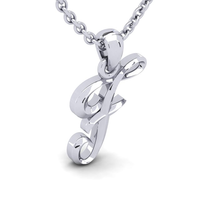 Letter F Swirly Initial Necklace In Heavy 14K White Gold With Free 18 Inch Cable Chain