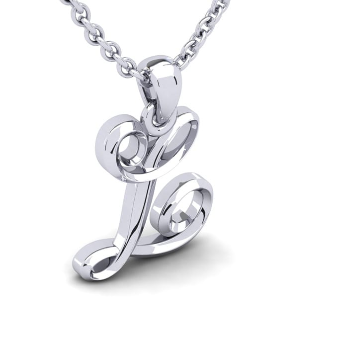 Letter L Swirly Initial Necklace In Heavy 14K White Gold With Free 18 Inch Cable Chain