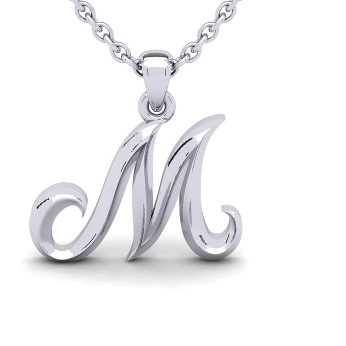 Letter M Swirly Initial Necklace In Heavy 14K White Gold With Free 18 Inch Cable Chain