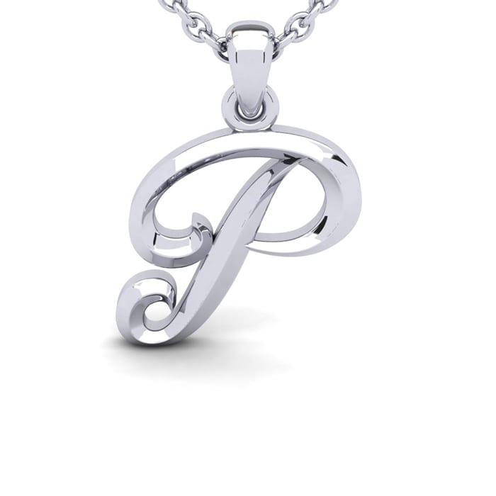 Letter P Swirly Initial Necklace In Heavy 14K White Gold With Free 18 Inch Cable Chain