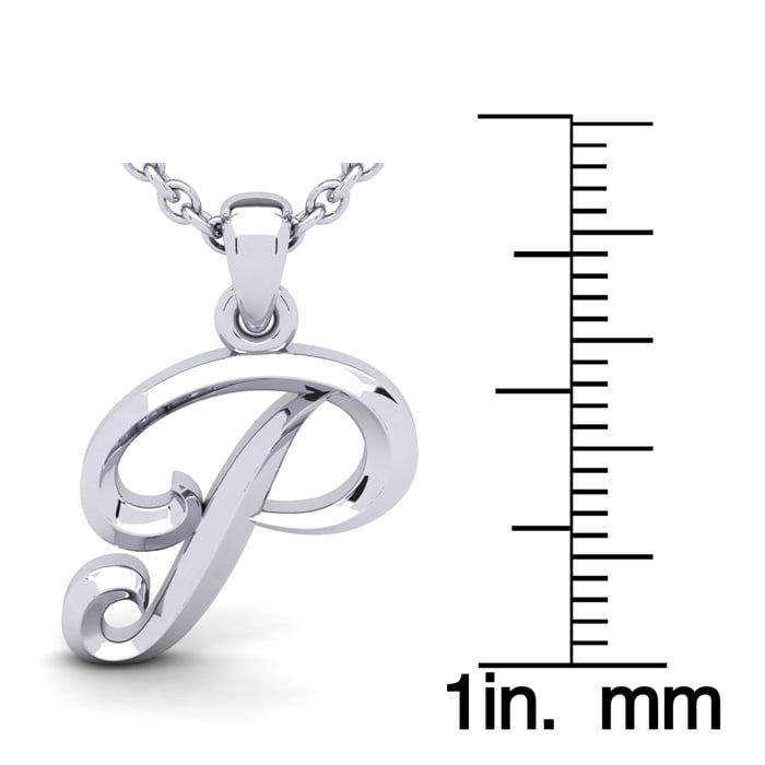 Letter P Swirly Initial Necklace In Heavy 14K White Gold With Free 18 Inch Cable Chain
