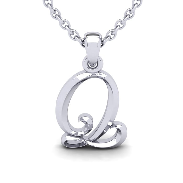 Letter Q Swirly Initial Necklace In Heavy 14K White Gold With Free 18 Inch Cable Chain