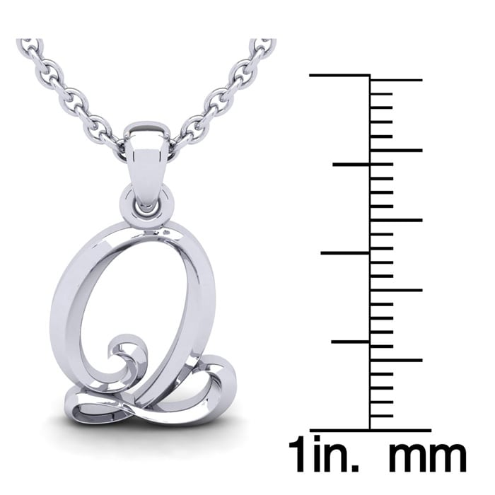 Letter Q Swirly Initial Necklace In Heavy 14K White Gold With Free 18 Inch Cable Chain