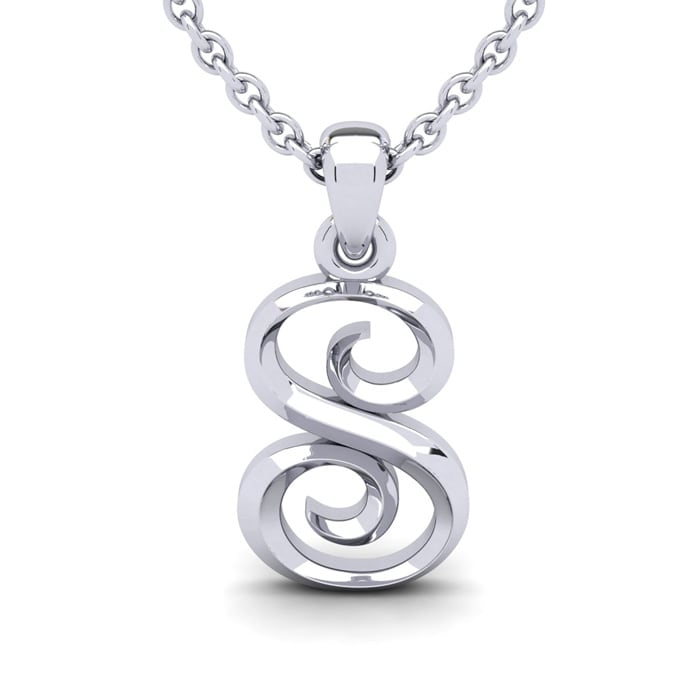 Letter S Swirly Initial Necklace In Heavy 14K White Gold With Free 18 Inch Cable Chain