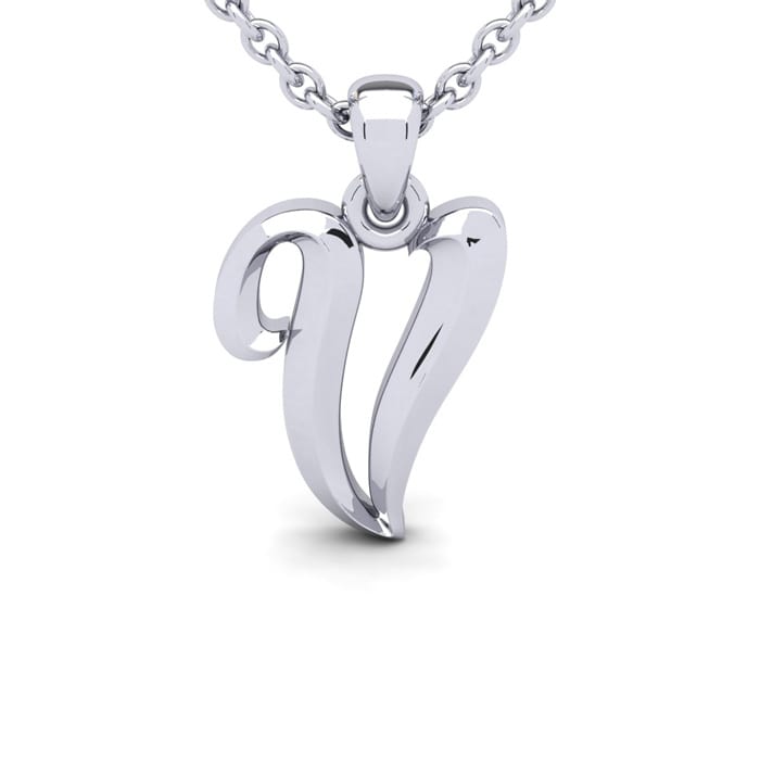 Letter V Swirly Initial Necklace In Heavy 14K White Gold With Free 18 Inch Cable Chain