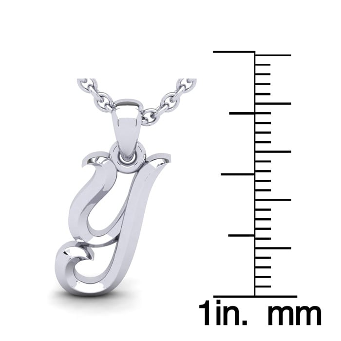 Letter Y Swirly Initial Necklace In Heavy 14K White Gold With Free 18 Inch Cable Chain