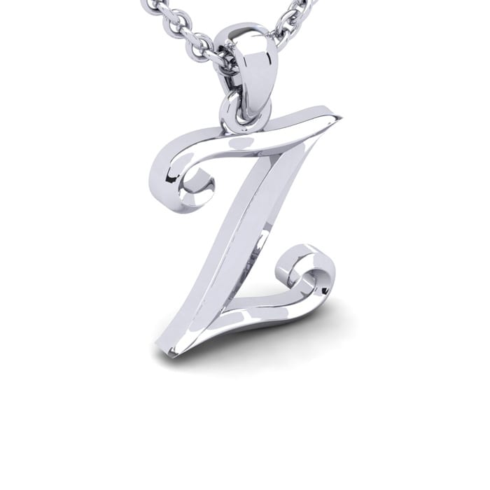 Letter Z Swirly Initial Necklace In Heavy 14K White Gold With Free 18 Inch Cable Chain