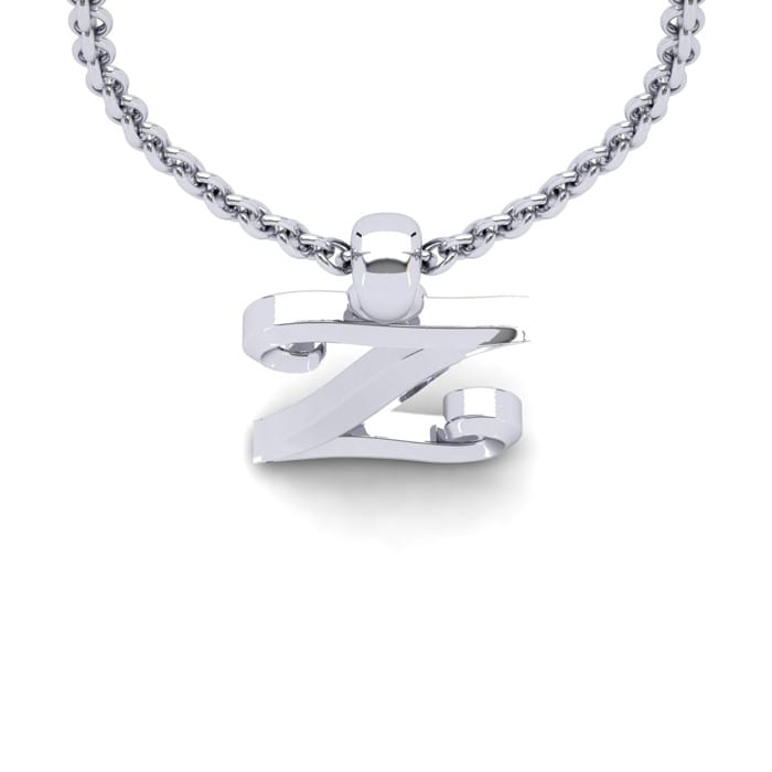 Letter Z Swirly Initial Necklace In Heavy 14K White Gold With Free 18 Inch Cable Chain