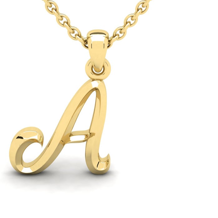 Letter A Swirly Initial Necklace In Heavy 14K Yellow Gold With Free 18 Inch Cable Chain