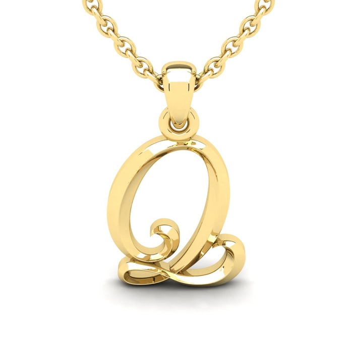 Letter Q Swirly Initial Necklace In Heavy 14K Yellow Gold With Free 18 Inch Cable Chain