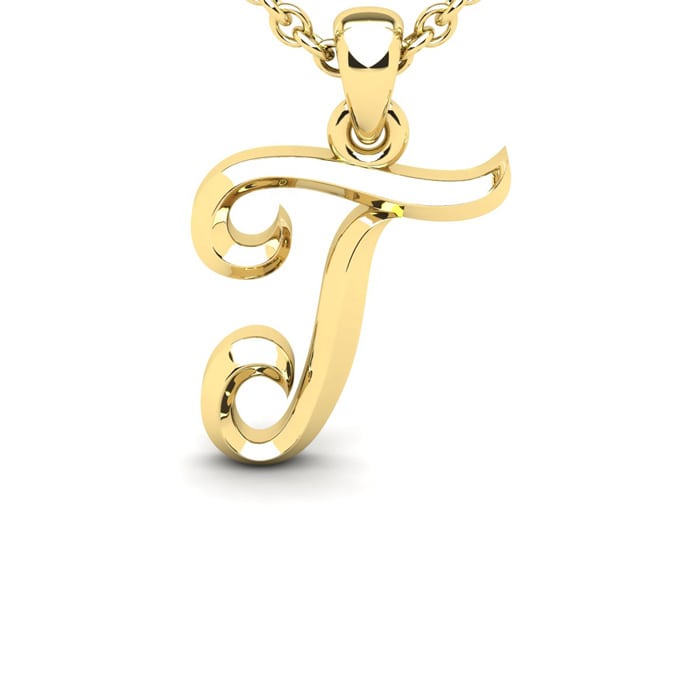 Letter T Swirly Initial Necklace In Heavy 14K Yellow Gold With Free 18 Inch Cable Chain