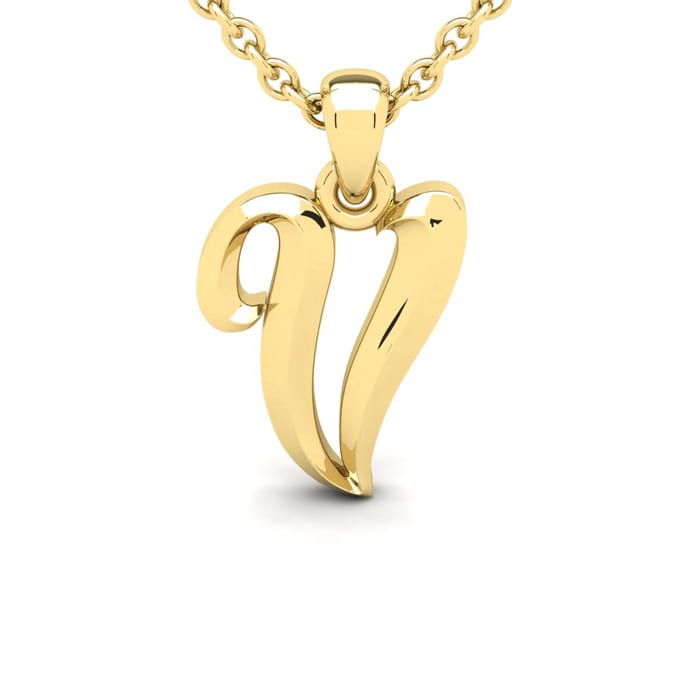 Letter V Swirly Initial Necklace In Heavy 14K Yellow Gold With Free 18 Inch Cable Chain